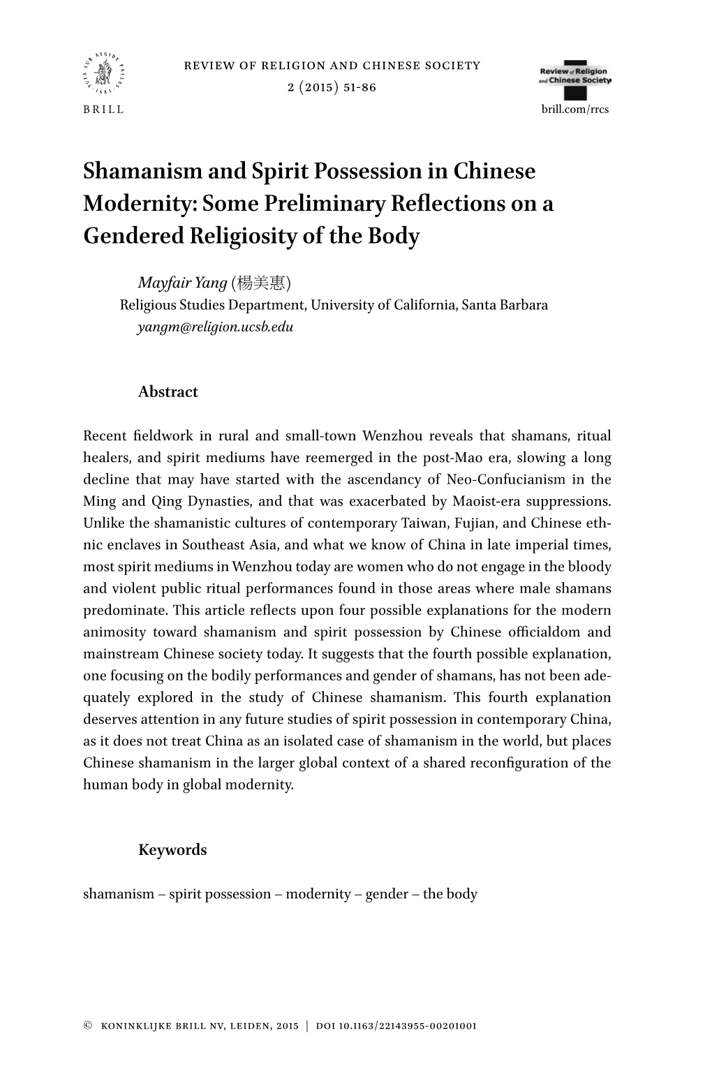 Shamanism and Spirit Possession in Chinese Modernity: Some Preliminary Reflections on a Gendered Religiosity of the Body