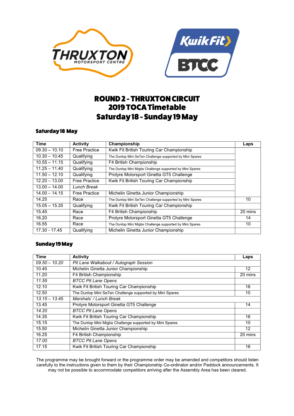 THRUXTON CIRCUIT 2019 TOCA Timetable Saturday 18 - Sunday 19 May