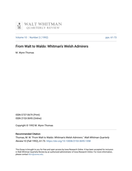 From Walt to Waldo: Whitman's Welsh Admirers