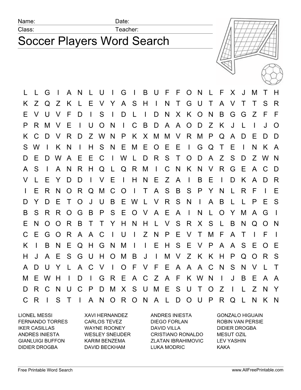 Soccer Players Word Search