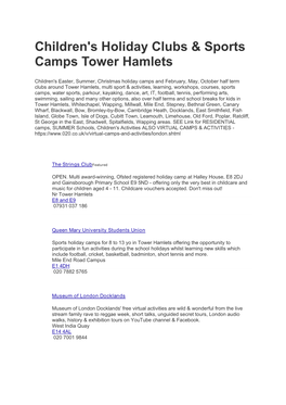 Children's Holiday Clubs & Sports Camps Tower Hamlets