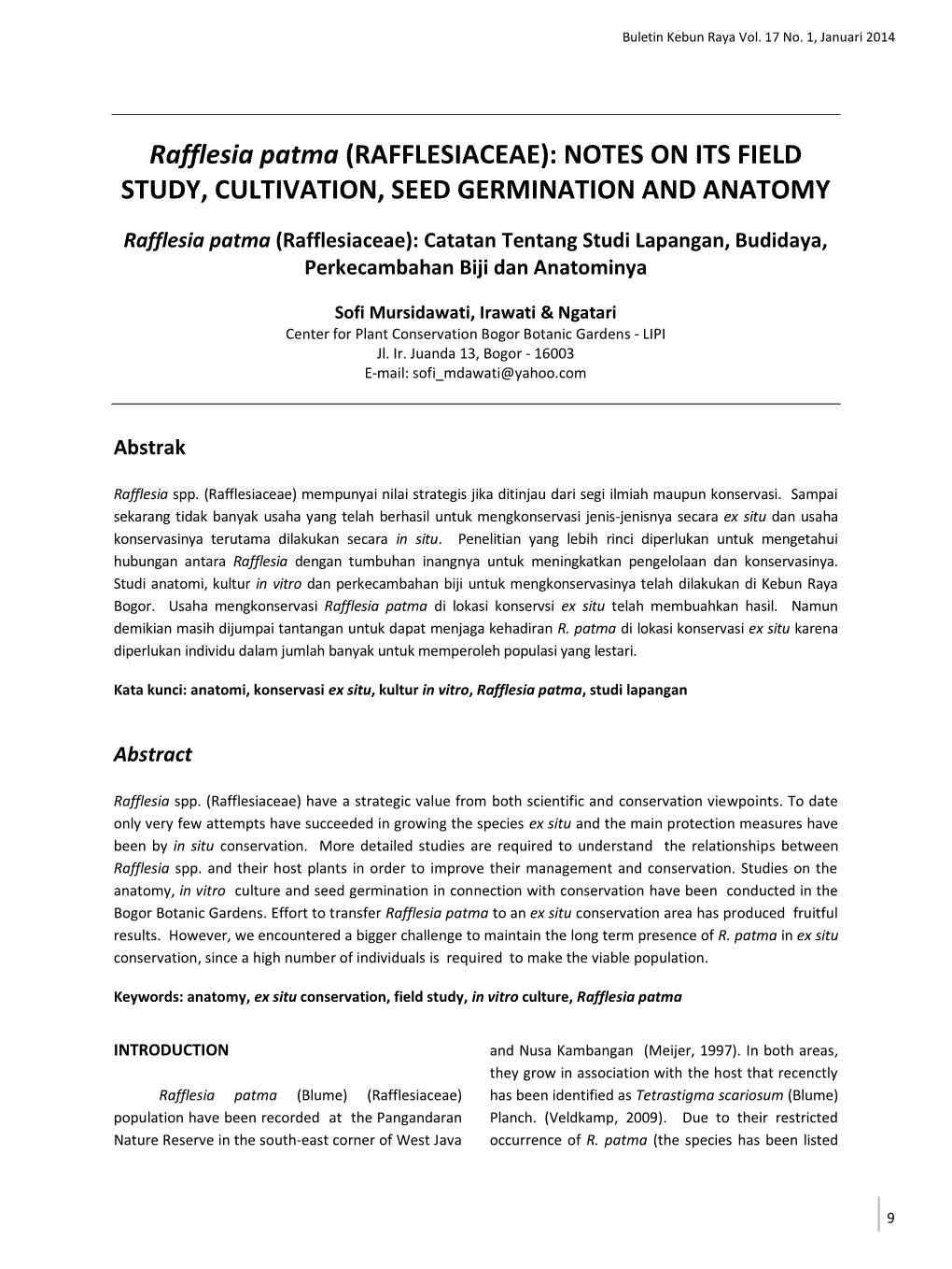 (Rafflesiaceae): Notes on Its Field Study, Cultivation, Seed Germination and Anatomy