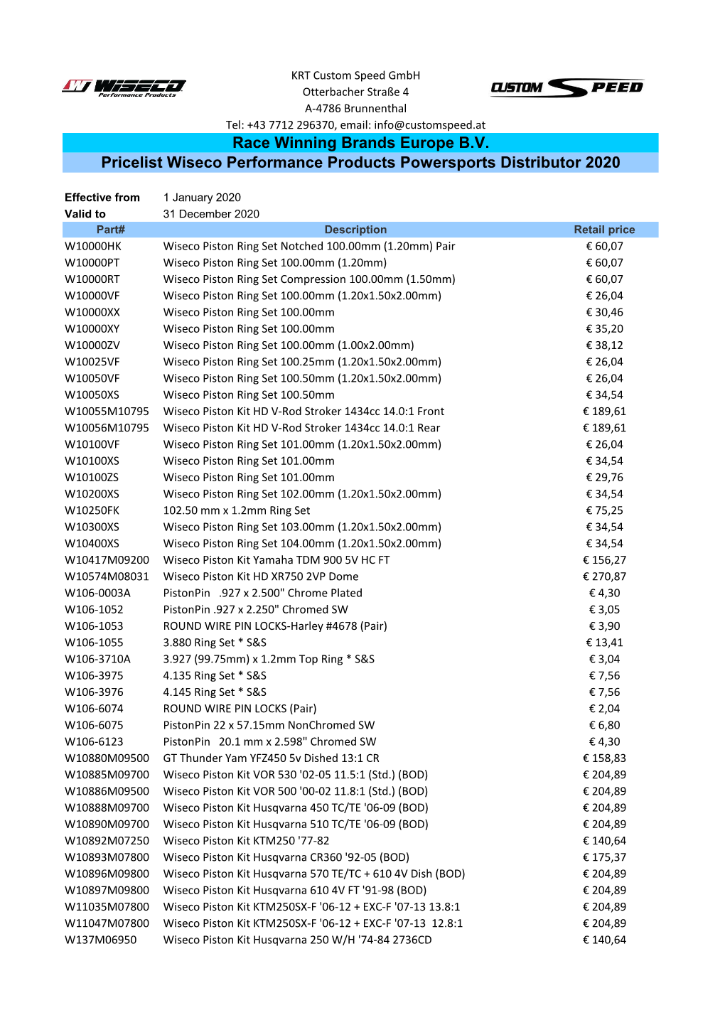 Race Winning Brands Europe B.V. Pricelist Wiseco Performance Products Powersports Distributor 2020