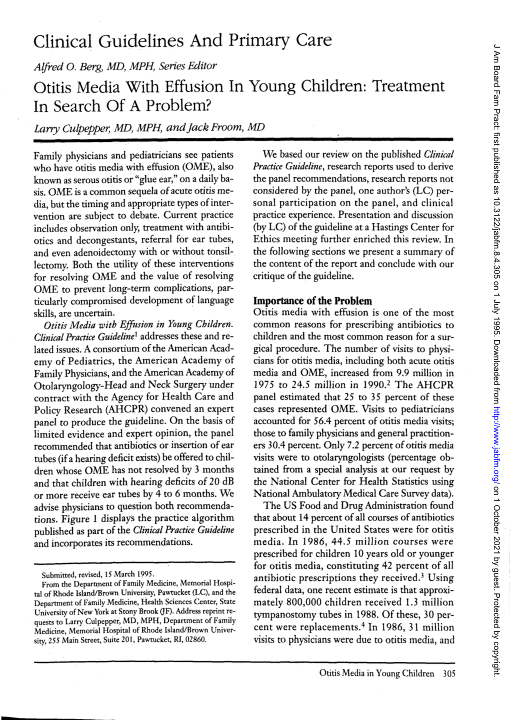 Clinical Guidelines and Primary Care J Am Board Fam Pract: First Published As 10.3122/Jabfm.8.4.305 on 1 July 1995