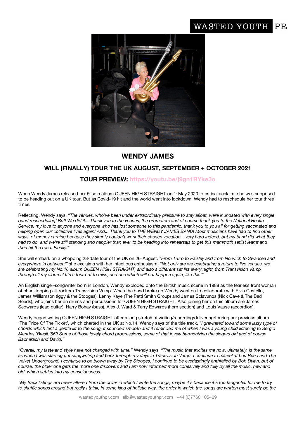 The Wendy James Band Uk Tour 2021 Press Release
