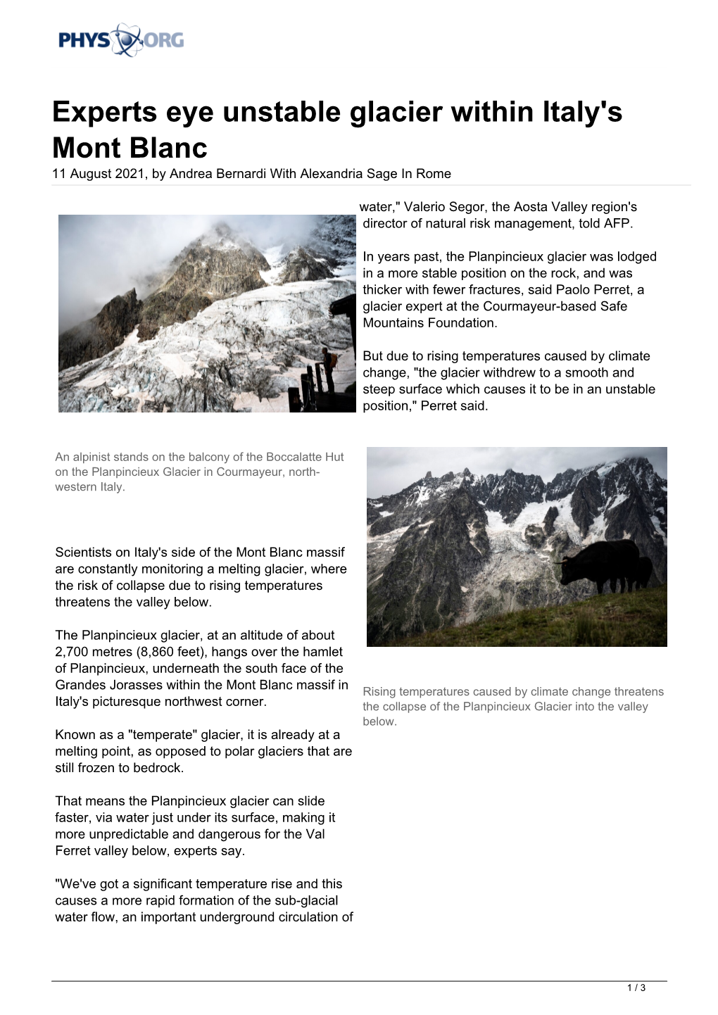 Experts Eye Unstable Glacier Within Italy's Mont Blanc 11 August 2021, by Andrea Bernardi with Alexandria Sage in Rome