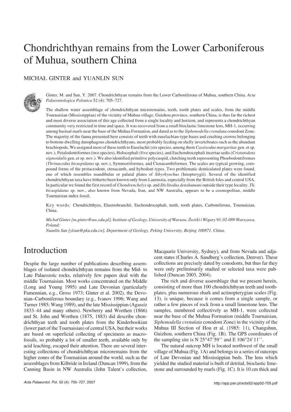 Chondrichthyan Remains from the Lower Carboniferous of Muhua, Southern China