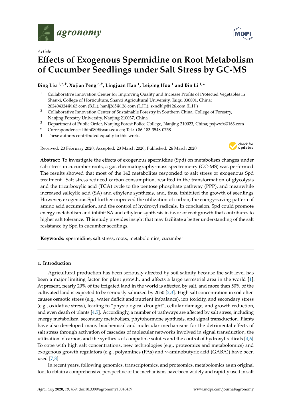 Effects of Exogenous Spermidine on Root Metabolism of Cucumber