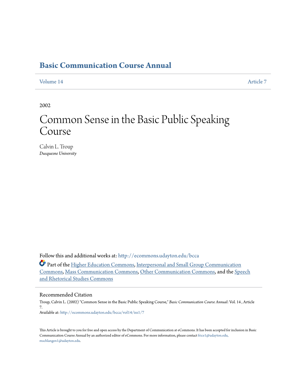 Common Sense in the Basic Public Speaking Course Calvin L