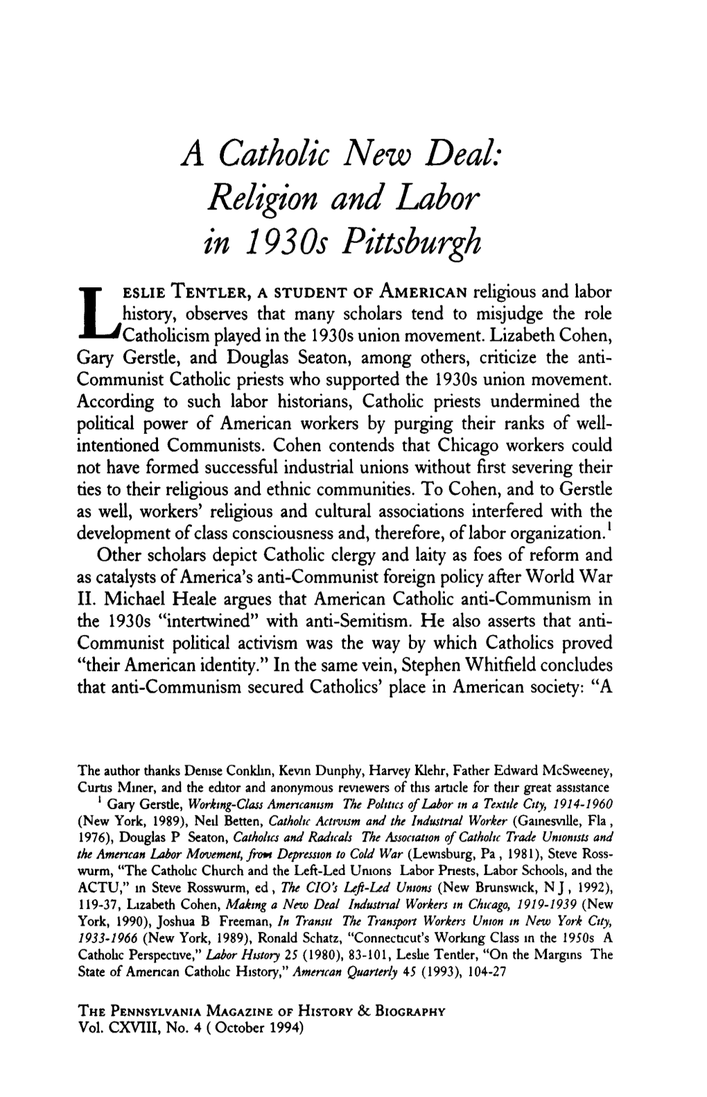 A Catholic New Deal: Religion and Labor in 1930S Pittsburgh