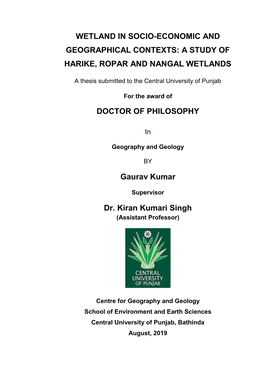 A Study of Harike, Ropar and Nangal Wetlands Doctor Of