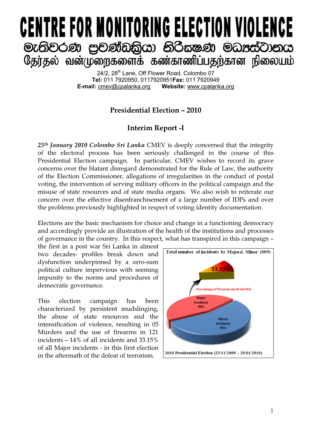 Presidential Election – 2010 Interim Report -I