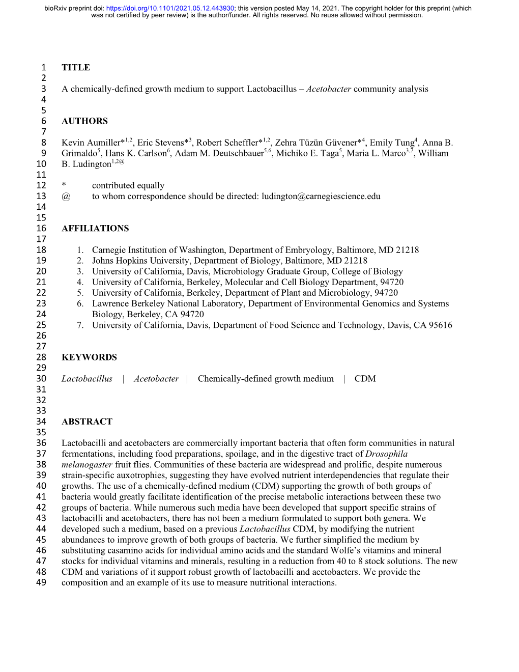 A Chemically-Defined Growth Medium to Support Lactobacillus