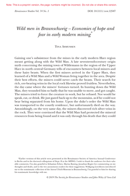 Wild Men in Braunschweig – Economies of Hope and Fear in Early Modern Mining*