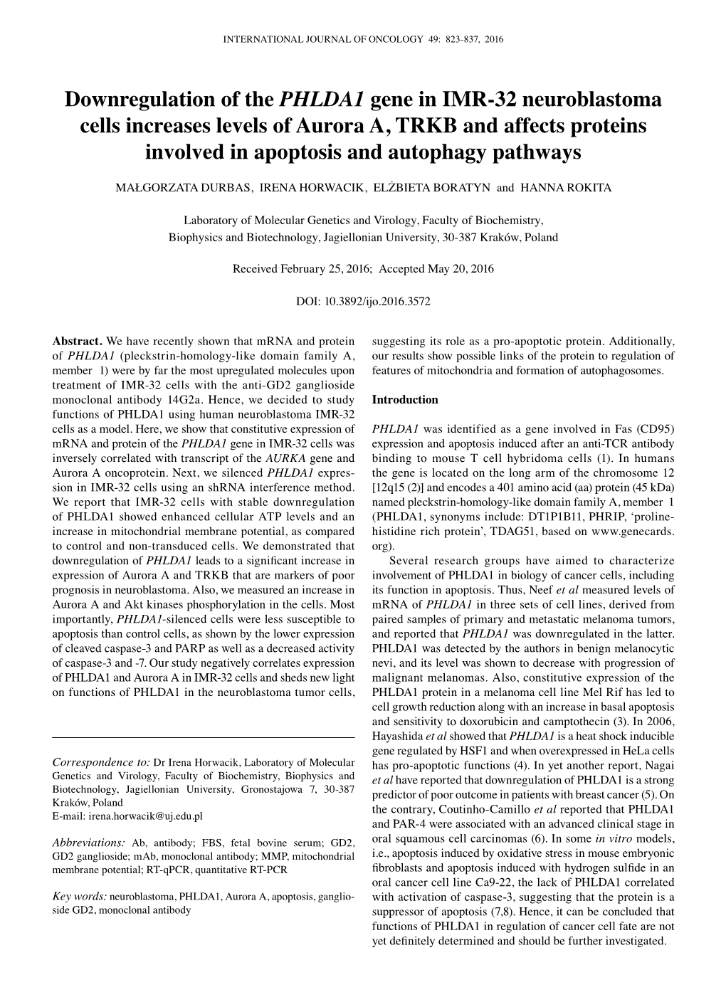 Downregulation of the PHLDA1 Gene in IMR-32 Neuroblastoma Cells Increases Levels of Aurora A, TRKB and Affects Proteins Involved in Apoptosis and Autophagy Pathways