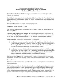 Minutes of the Newark Public Library Board of Trustees – August 2, 2017 1 Minutes of the August 2, 2017 Meeting of the Truste