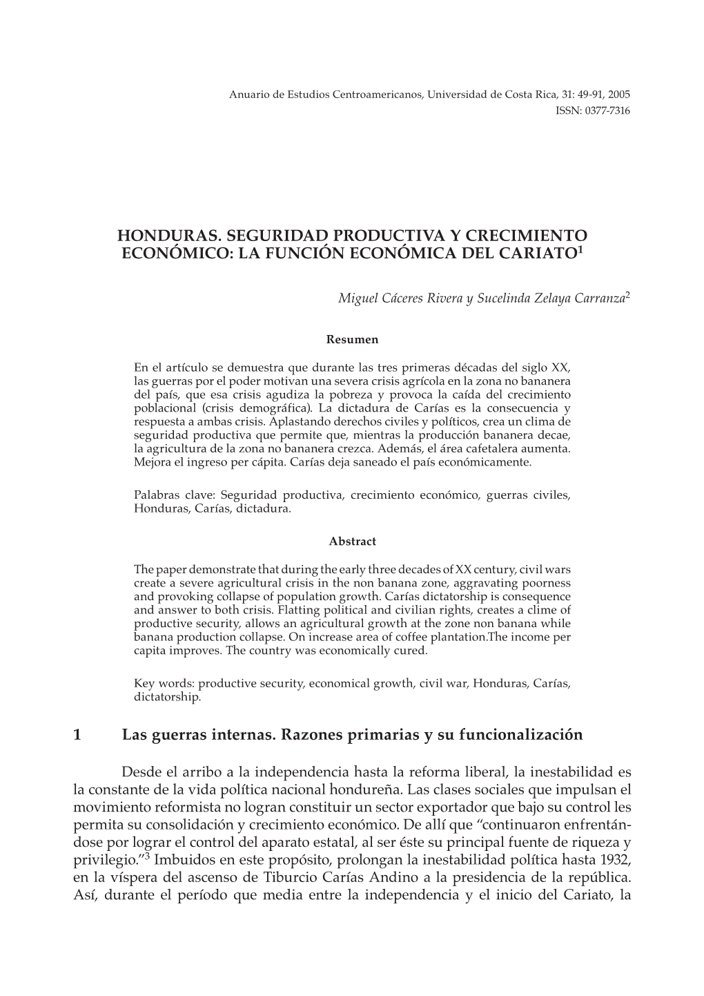 Honduras. Seguridad Productiva Y Crecimiento Económico: La Función Económica Del Cariato1