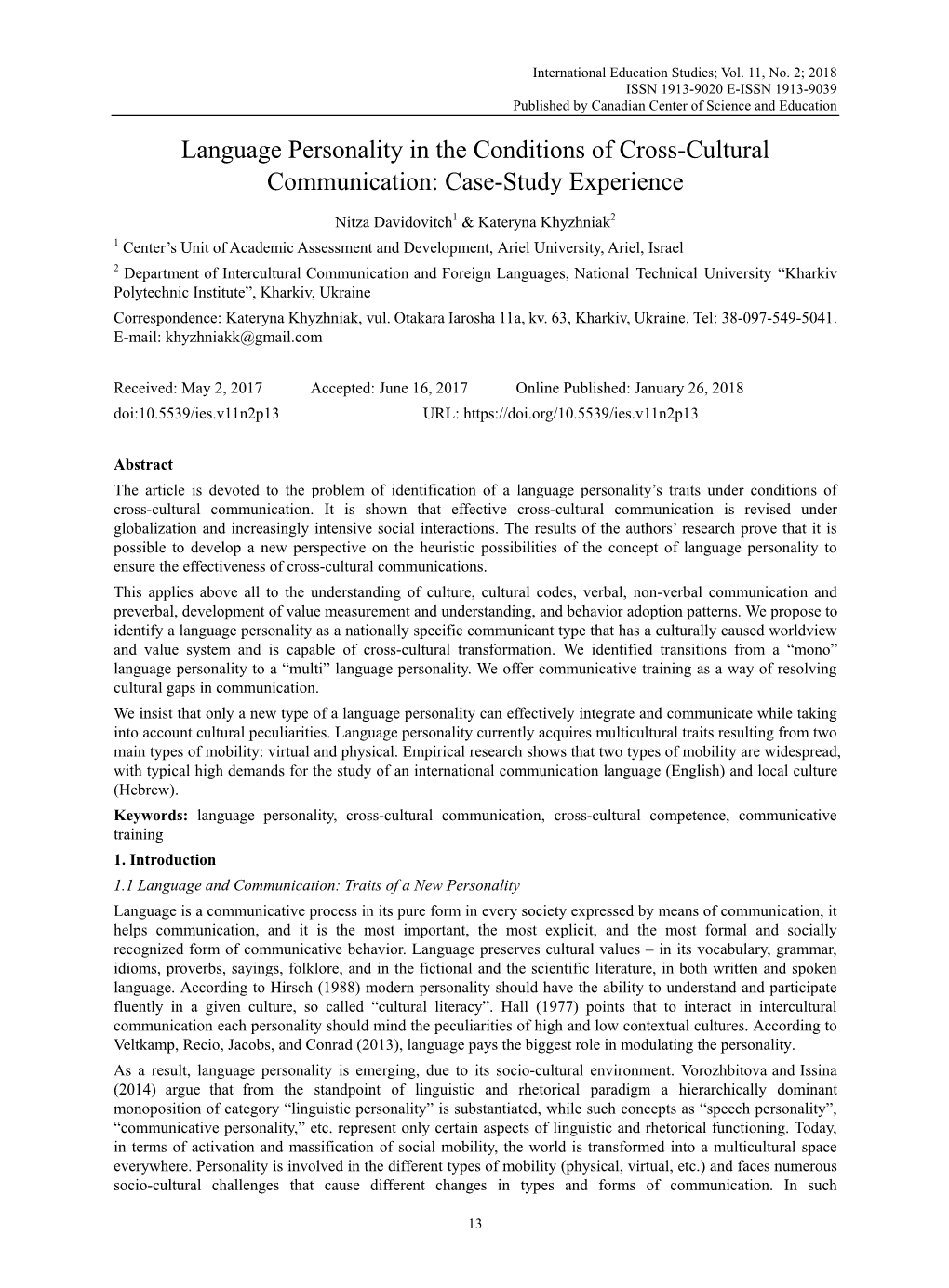 Language Personality in the Conditions of Cross-Cultural Communication: Case-Study Experience