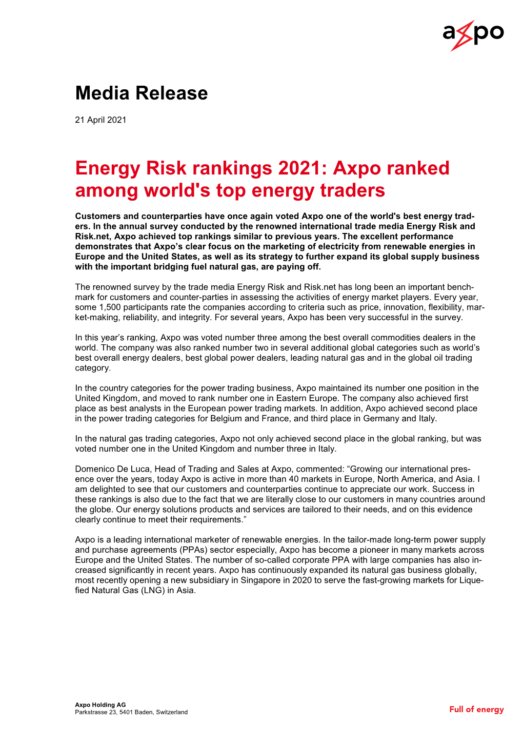 Media Release Energy Risk Rankings 2021: Axpo Ranked Among World's