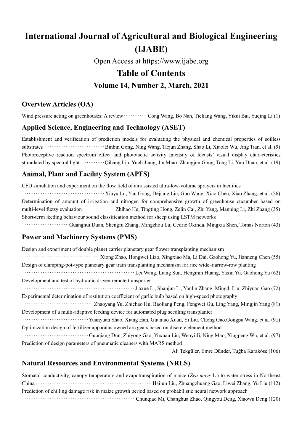 (IJABE) Table of Contents