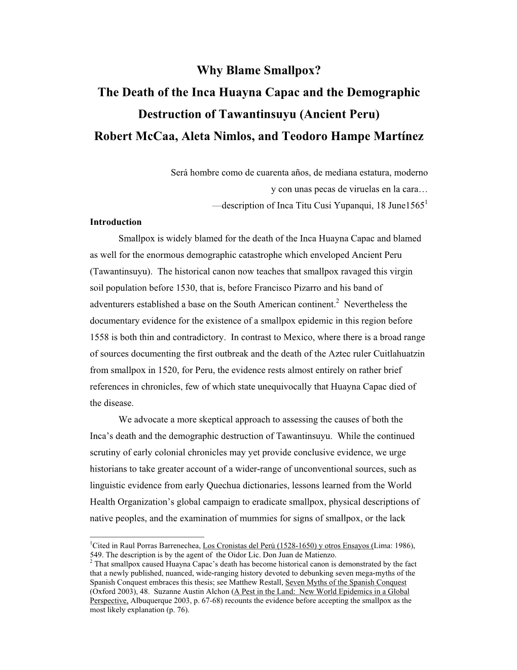 Why Blame Smallpox? the Death of the Inca Huayna Capac and The