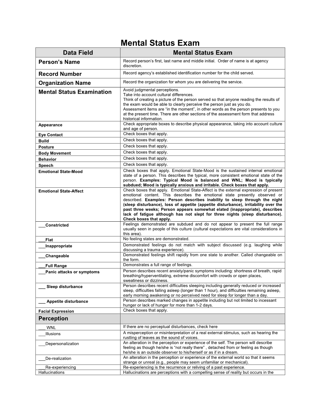 Mental Status Exam Data Field Mental Status Exam Person’S Name Record Person’S First, Last Name and Middle Initial