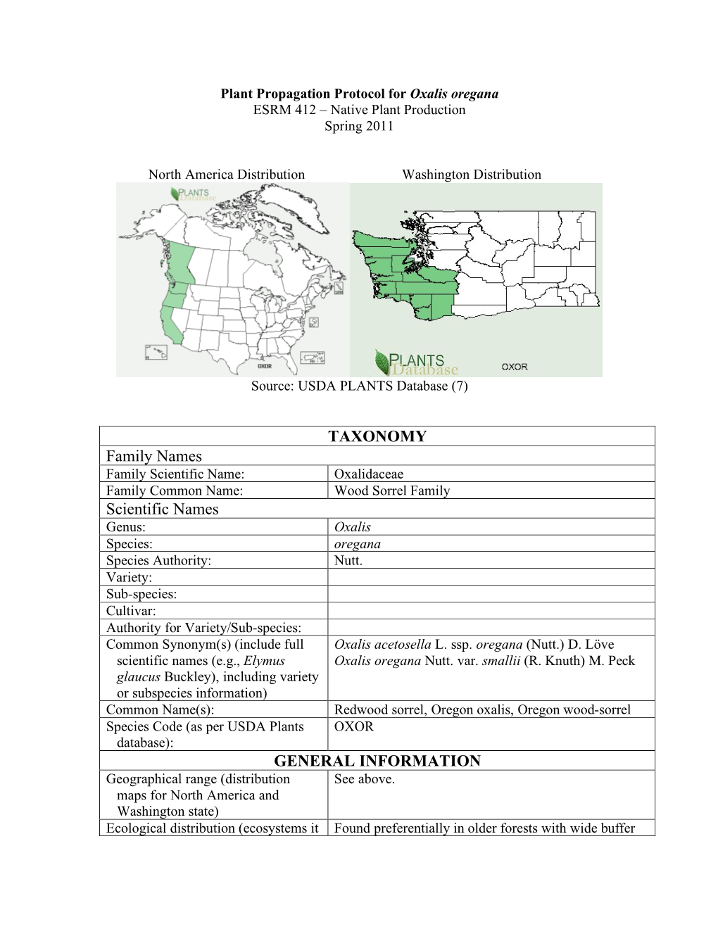 Plant Propagation Protocol for Oxalis Oregana ESRM 412 – Native Plant Production Spring 2011