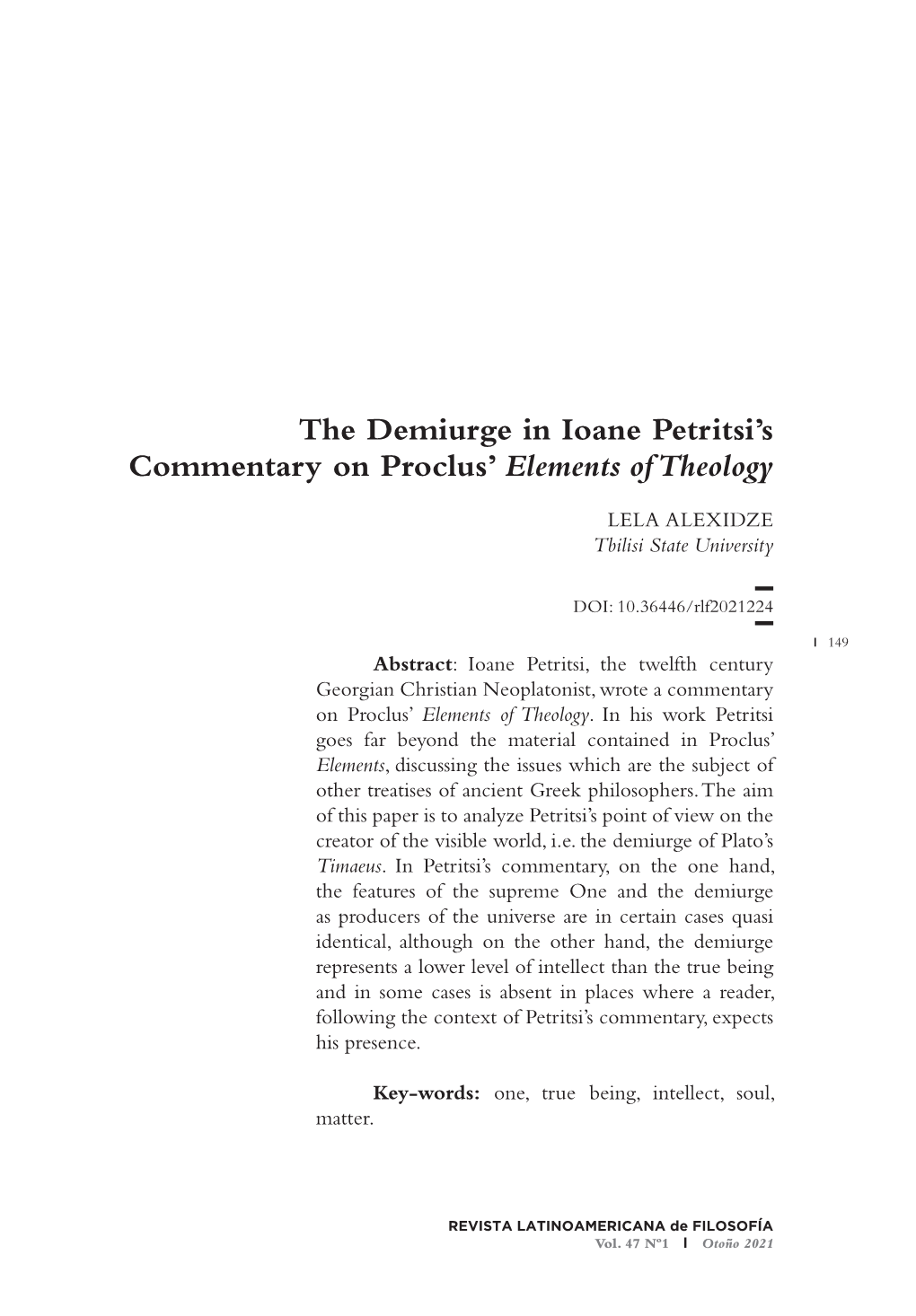 The Demiurge in Ioane Petritsi's Commentary on Proclus' Elements