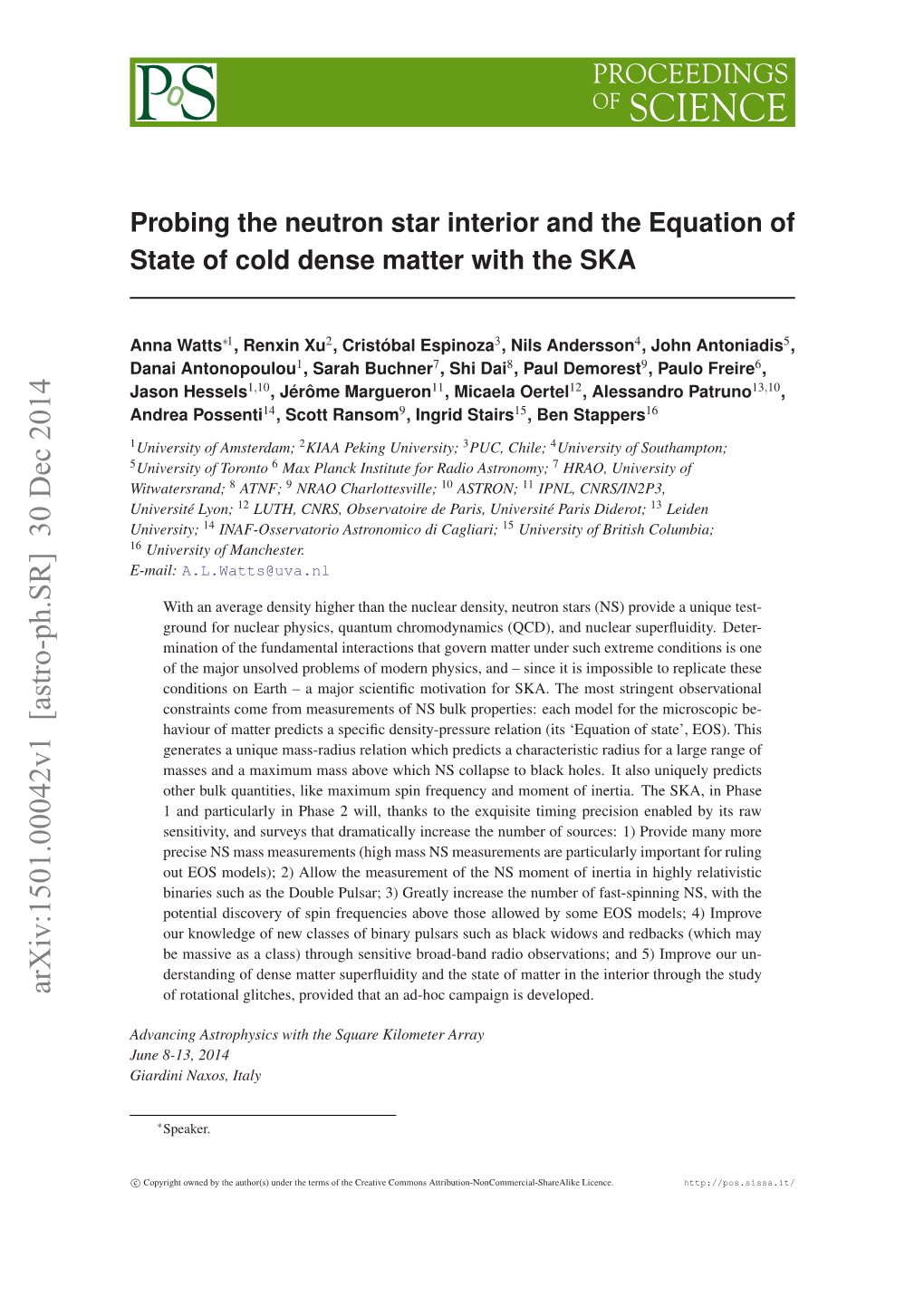 Probing the Neutron Star Interior and the Equation of State of Cold Dense Matter with the SKA