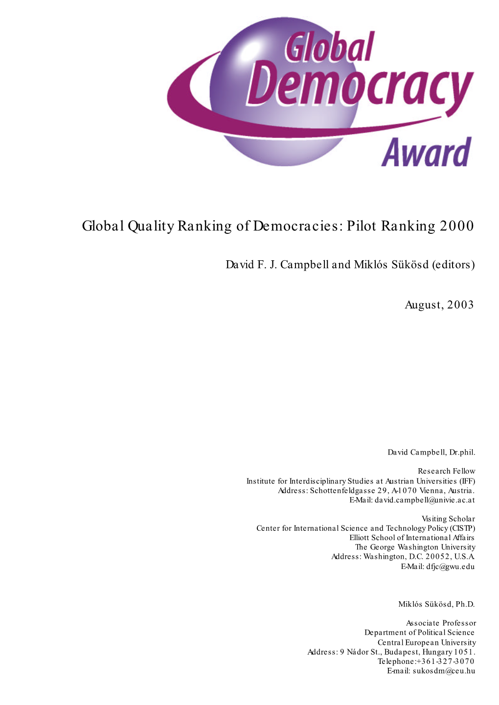Global Quality Ranking of Democracies: Pilot Ranking 2000