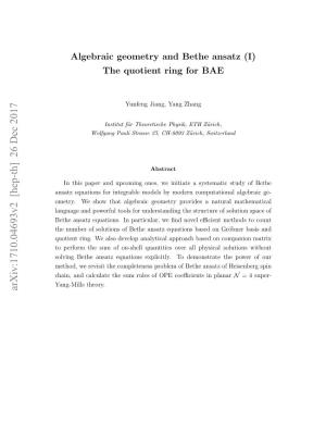 Algebraic Geometry and Bethe Ansatz (I) the Quotient Ring For
