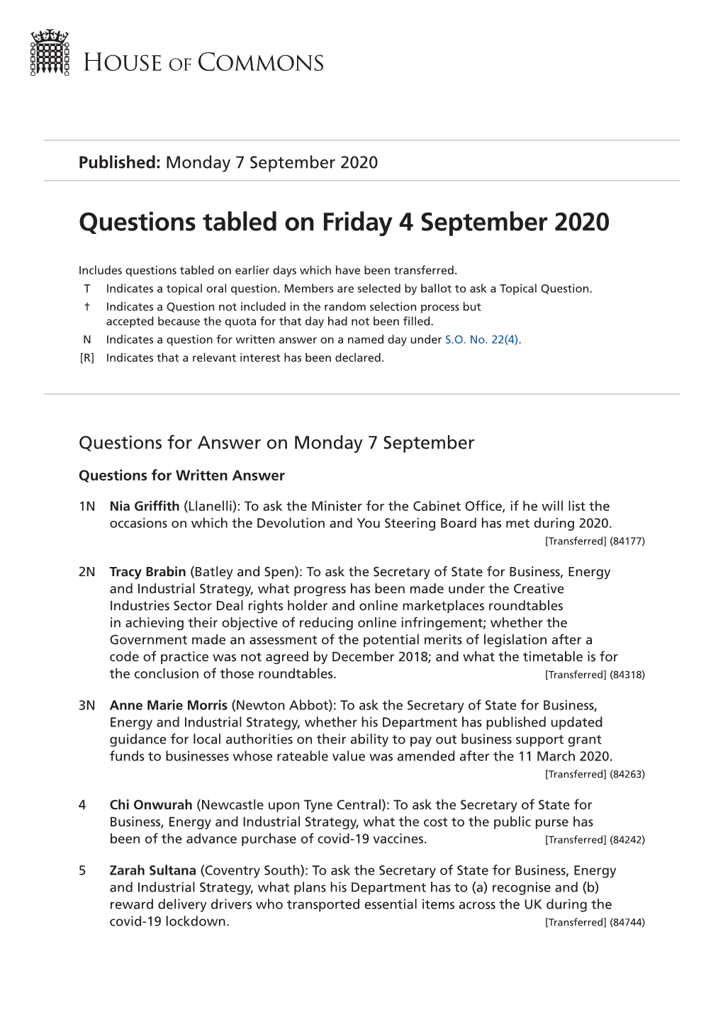 Questions Tabled on Fri 4 Sep 2020