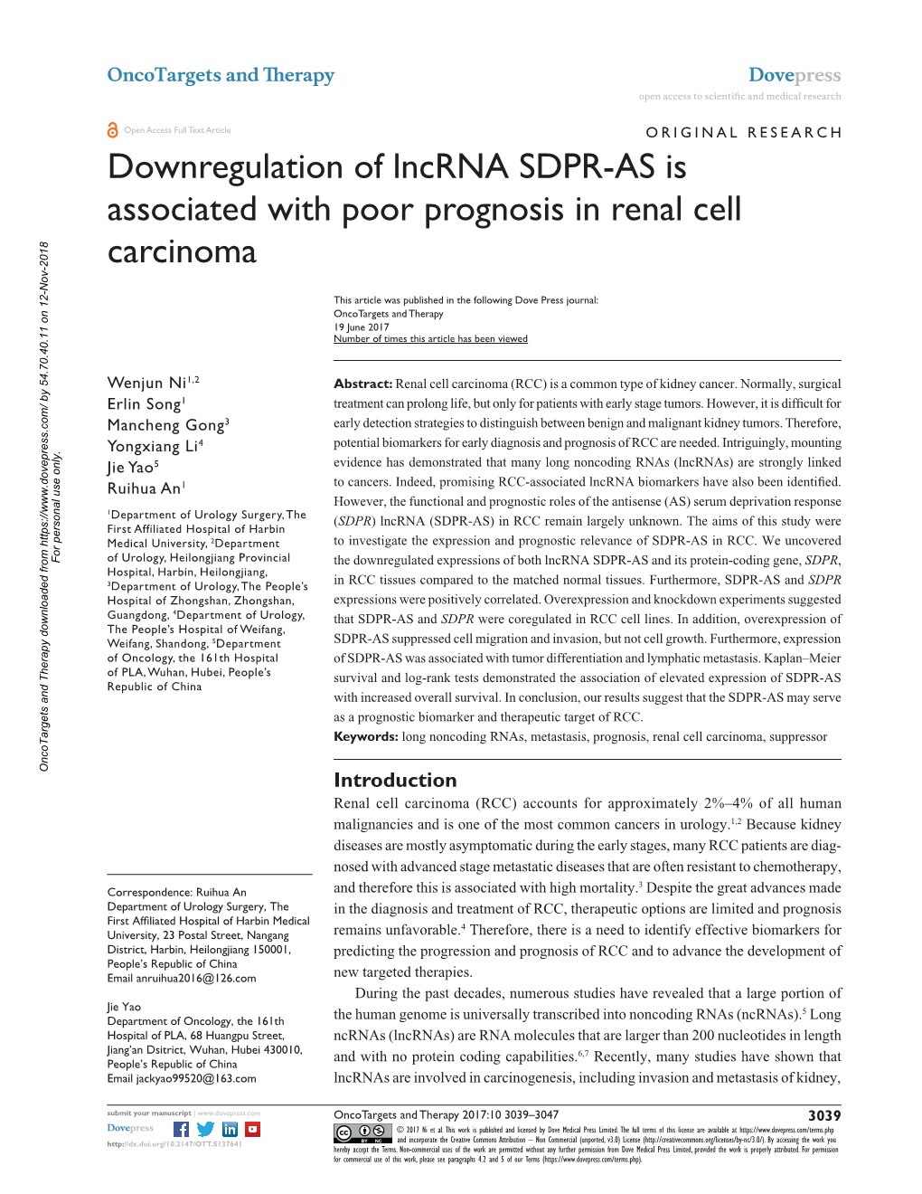 Downregulation of Lncrna SDPR-AS Is Associated with Poor Prognosis Open Access to Scientific and Medical Research DOI