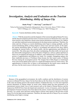 Investigation, Analysis and Evaluation on the Tourism Distributing Ability of Sanya City