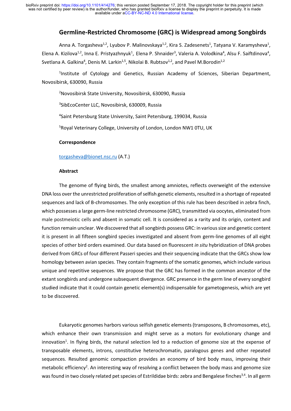 Germline-Restricted Chromosome (GRC) Is Widespread Among Songbirds