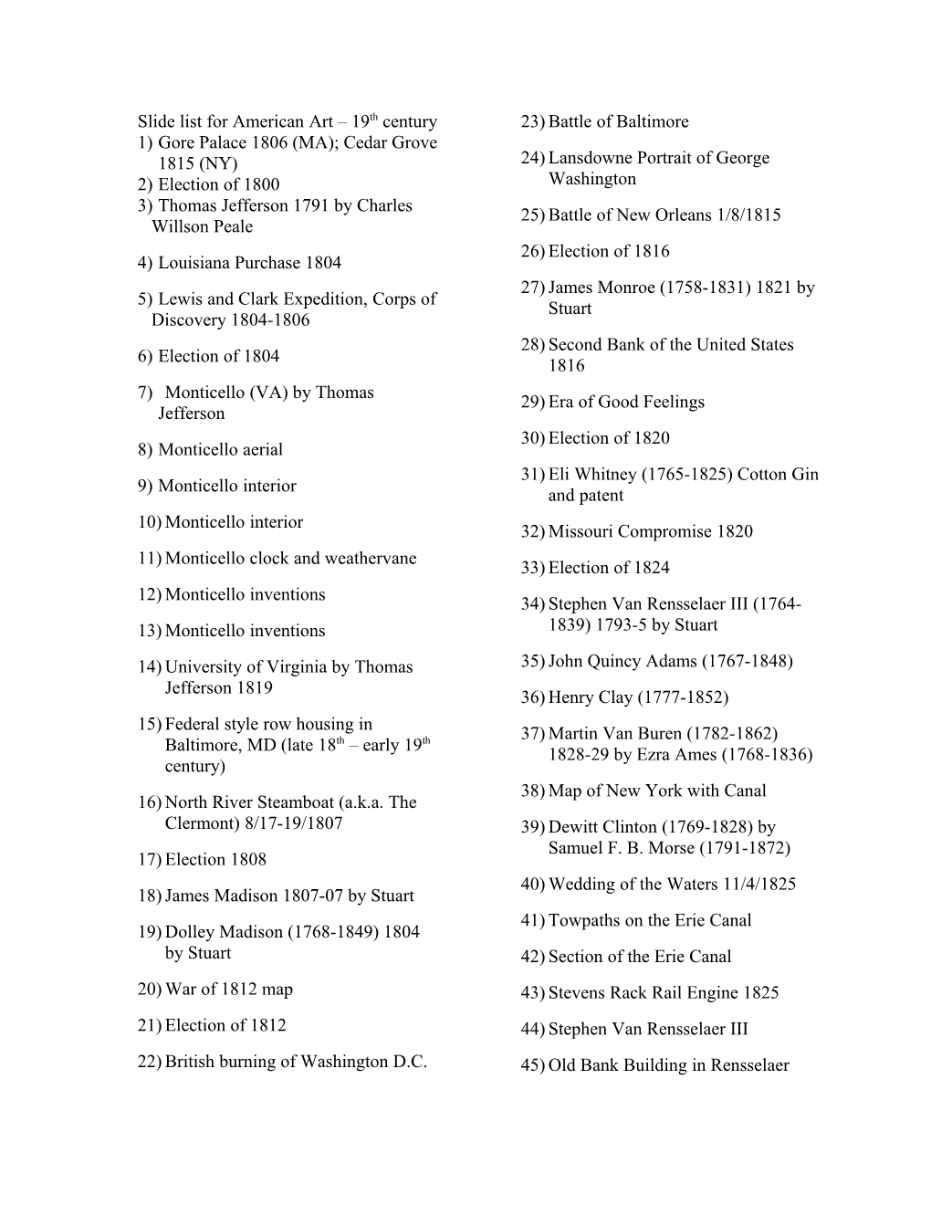 Slide List for American Art 19Th Century