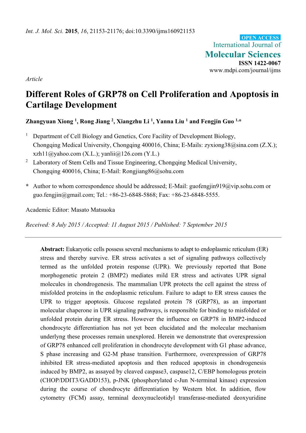 Different Roles of GRP78 on Cell Proliferation and Apoptosis in Cartilage Development