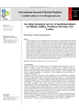 An Ethno Botanical Survey of Medicinal Plants in Sillalai, Jaffna