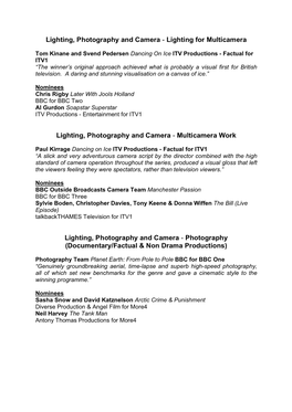 Lighting for Multicamera Lighting, Photography And