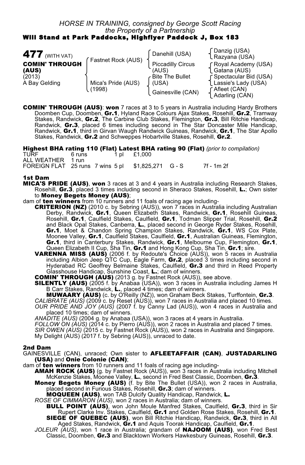 HORSE in TRAINING, Consigned by George Scott Racing the Property of a Partnership Will Stand at Park Paddocks, Highflyer Paddock J, Box 183