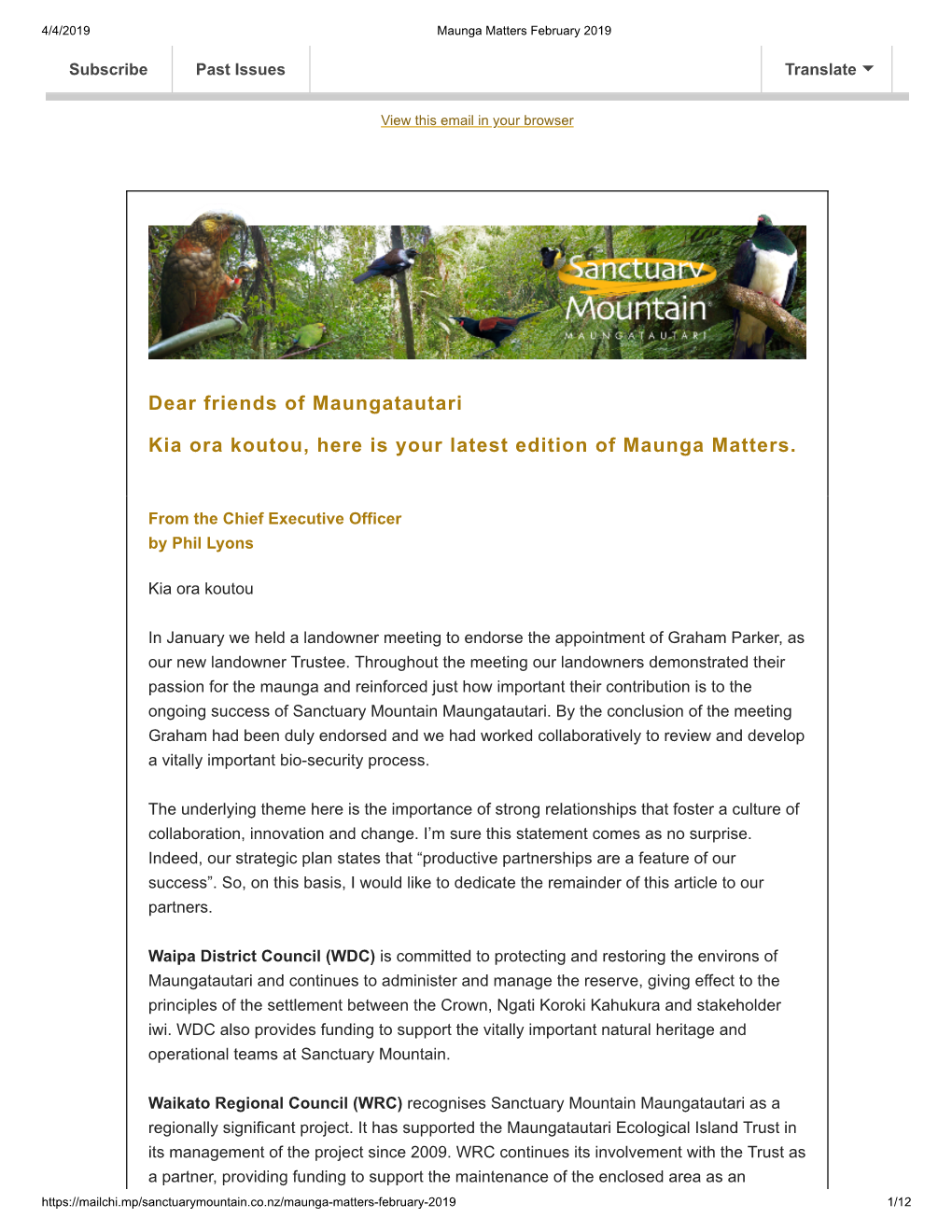 Dear Friends of Maungatautari Kia Ora Koutou, Here Is Your Latest Edition of Maunga Matters