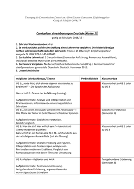 Umsetzung Des Kerncurriculums Deutsch Am Albert-Einstein-Gymnasium, Einführungsphase Gültig Ab Schuljahr 2018/19
