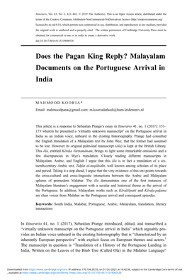 Does the Pagan King Reply? Malayalam Documents on the Portuguese Arrival in India