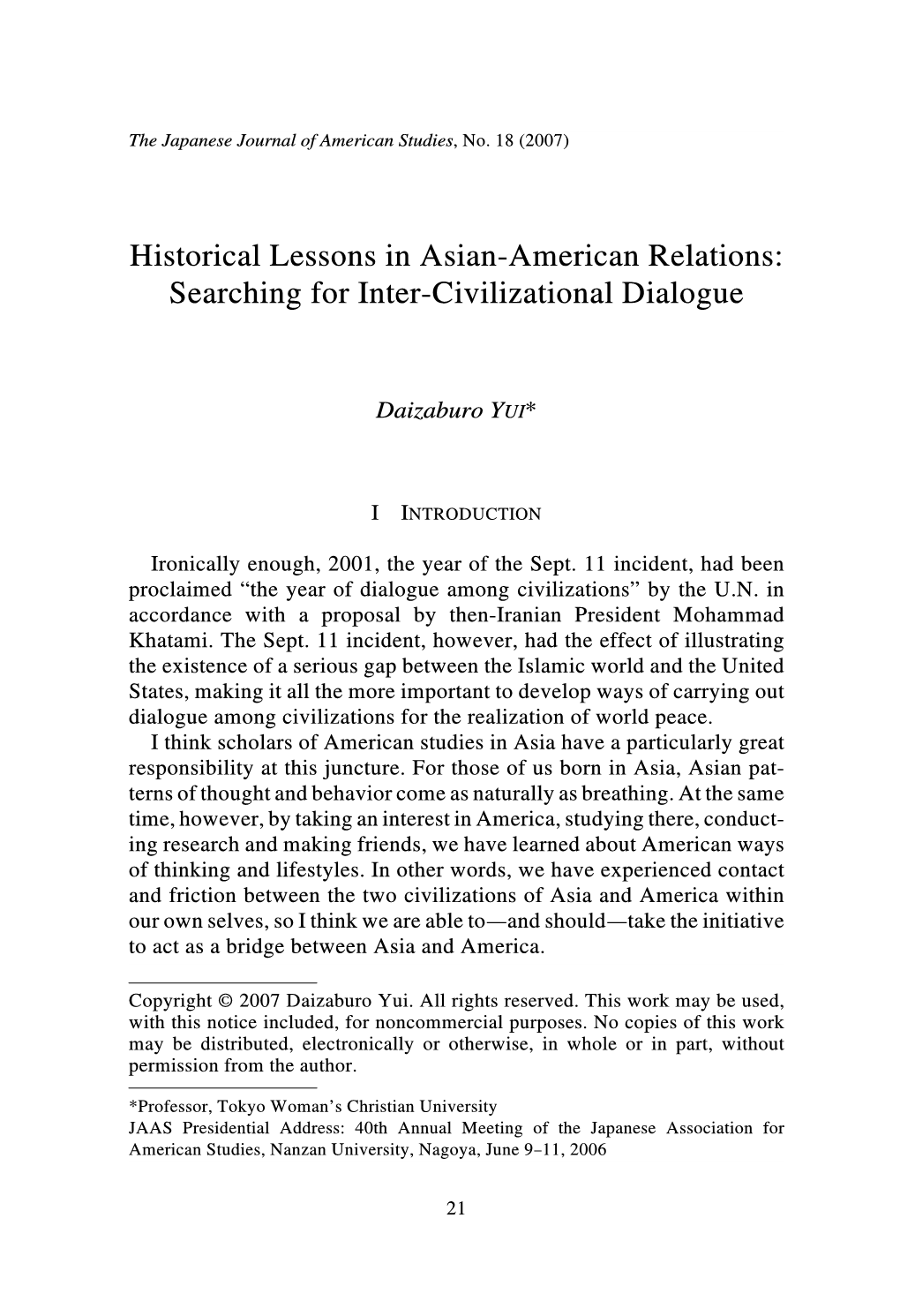 Historical Lessons in Asian-American Relations: Searching for Inter-Civilizational Dialogue