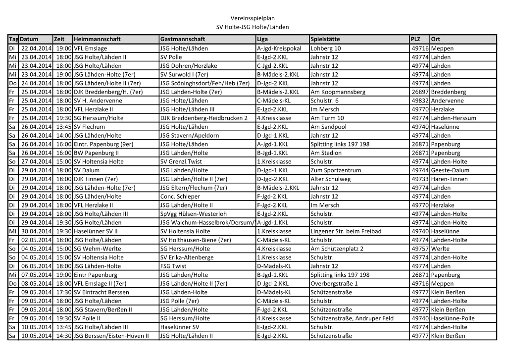 Vereinsspielplan SV Holte-JSG Holte/Lähden Tag Datum Zeit