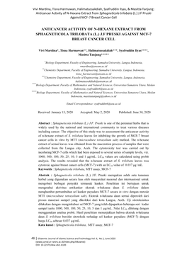 Anticancer Activity of N-Hexane Extract from Sphagneticola Trilobata (L.) J.F Pruski Against MCF-7 Breast Cancer Cell