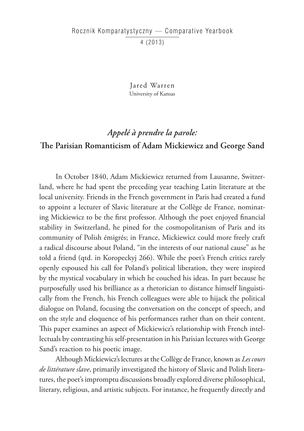 The Parisian Romanticism of Adam Mickiewicz and George Sand