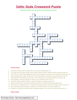 Celtic Gods Crossword Puzzle Instructions: Fill in Each Answer by Answering the Clues Below