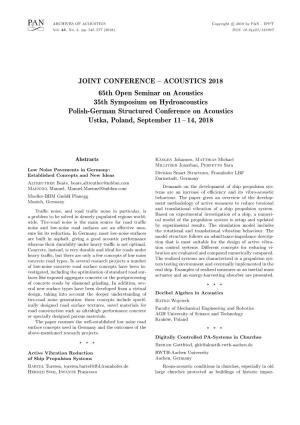 ACOUSTICS 2018 65Th Open Seminar on Acoustics 35Th Symposium on Hydroacoustics Polish-German Structured Conference on Acoustics Ustka, Poland, September 11 – 14, 2018