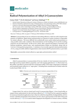 Radical Polymerization of Alkyl 2-Cyanoacrylates Review Radicalcormac Duffy Polymerization 1,2, Per B